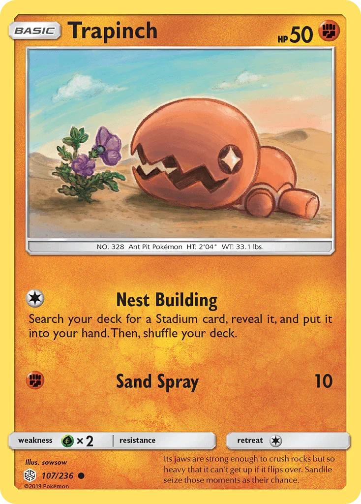 Common, Fighting, Grass[×2], Normal, Reverse Holofoil, Sun & Moon: Cosmic Eclipse Trapinch (107/236) [Sun & Moon: Cosmic Eclipse] - Trading Card World