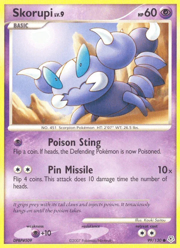 99, Common, Diamond & Pearl: Base Set, Normal, Psychic, Psychic[+10], Reverse Holofoil Skorupi (99/130) [Diamond & Pearl: Base Set] - Trading Card World