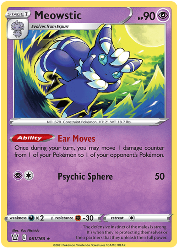 061, Darkness[x2], Fighting[-30], Holo Rare, Holofoil, Psychic, Reverse Holofoil, Sword & Shield: Battle Styles Meowstic (061/163) [Sword & Shield: Battle Styles] - Trading Card World