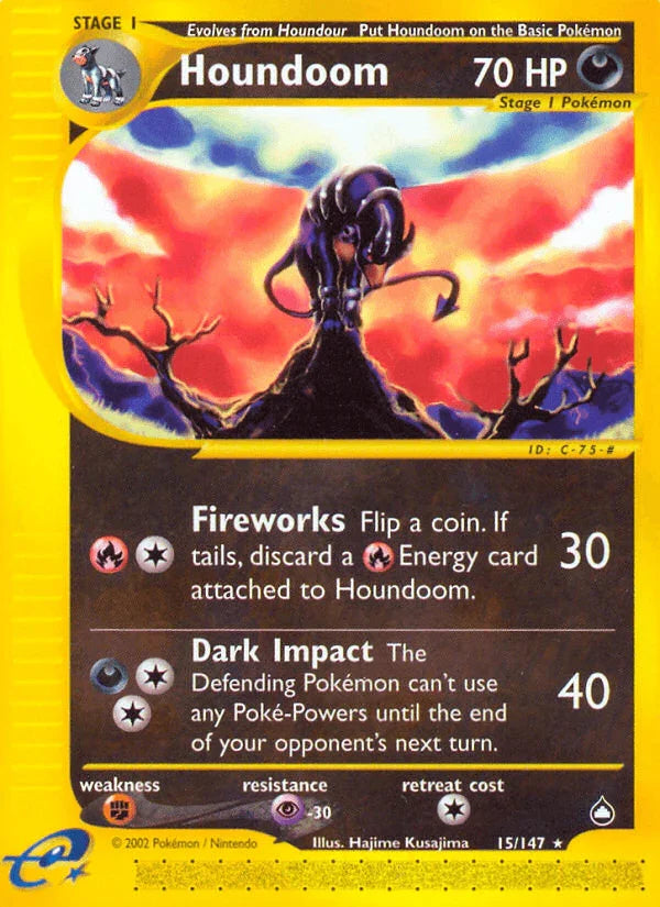 15, Aquapolis, Darkness, Fighting[×2], Normal, Psychic[-30], Rare, Reverse Holofoil Houndoom (15/147) [Aquapolis] - Trading Card World