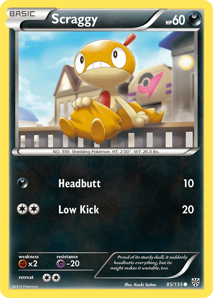 85, Black & White: Plasma Storm, Common, Darkness, Fighting[×2], Normal, Psychic[-20], Reverse Holofoil Scraggy (85/135) [Black & White: Plasma Storm] - Trading Card World