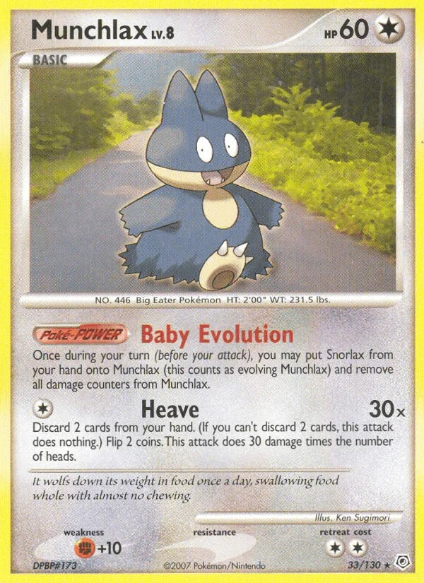33, Colorless, Diamond & Pearl: Base Set, Fighting[+10], Normal, Rare, Reverse Holofoil Munchlax (33/130) [Diamond & Pearl: Base Set] - Trading Card World