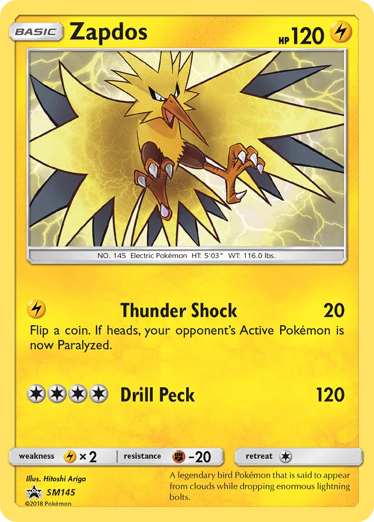 Black Star Promo, Fighting[-20], Holofoil, Lightning, Lightning[×2], SM145, Sun & Moon: Black Star Promos Zapdos (SM145) [Sun & Moon: Black Star Promos] - Trading Card World