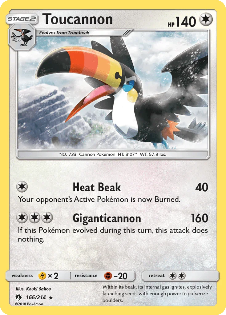 166, Colorless, Fighting[-20], Lightning[×2], Normal, Rare, Reverse Holofoil, Sun & Moon: Lost Thunder Toucannon (166/214) [Sun & Moon: Lost Thunder] - Trading Card World