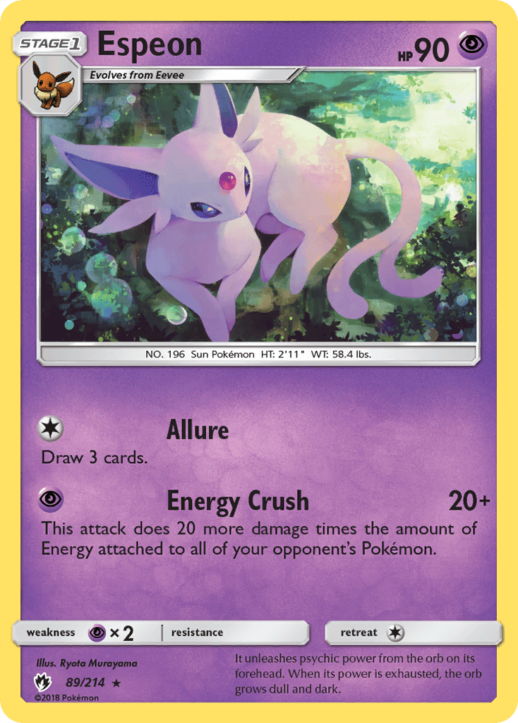 89, Normal, Psychic, Psychic[×2], Rare, Reverse Holofoil, Sun & Moon: Lost Thunder Espeon (89/214) [Sun & Moon: Lost Thunder] - Trading Card World