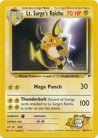 28, Fighting[×2], Gym Heroes Unlimited, Lightning, Normal, Rare Lt. Surge's Raichu (28/132) [Gym Heroes Unlimited] - Trading Card World
