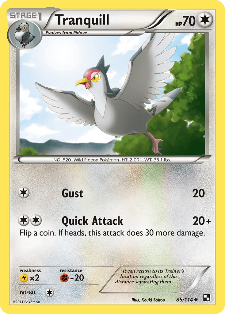 85, Black & White: Base Set, Colorless, Fighting[-20], Lightning[×2], Normal, Reverse Holofoil, Uncommon Tranquill (85/114) [Black & White: Base Set] - Trading Card World