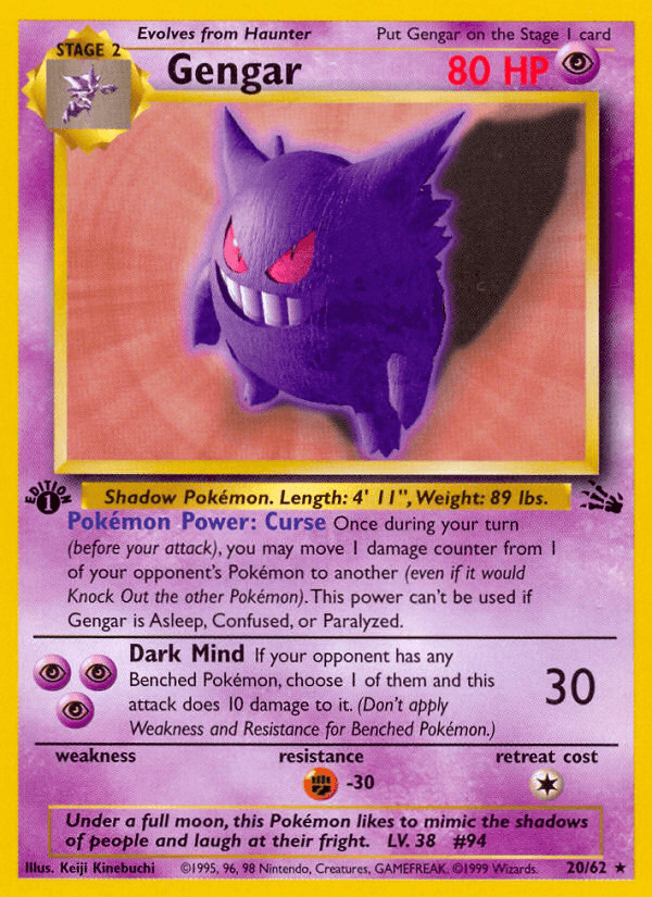 1st Edition Normal, 20, Fighting[-30], Fossil 1st Edition, Psychic, Rare Gengar (20/62) [Fossil 1st Edition] - Trading Card World