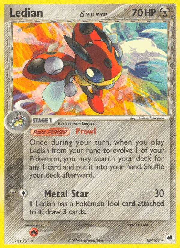 18, EX: Dragon Frontiers, Fire[×2], Metal, Normal, Rare Ledian (18/101) (Delta Species) [EX: Dragon Frontiers] - Trading Card World