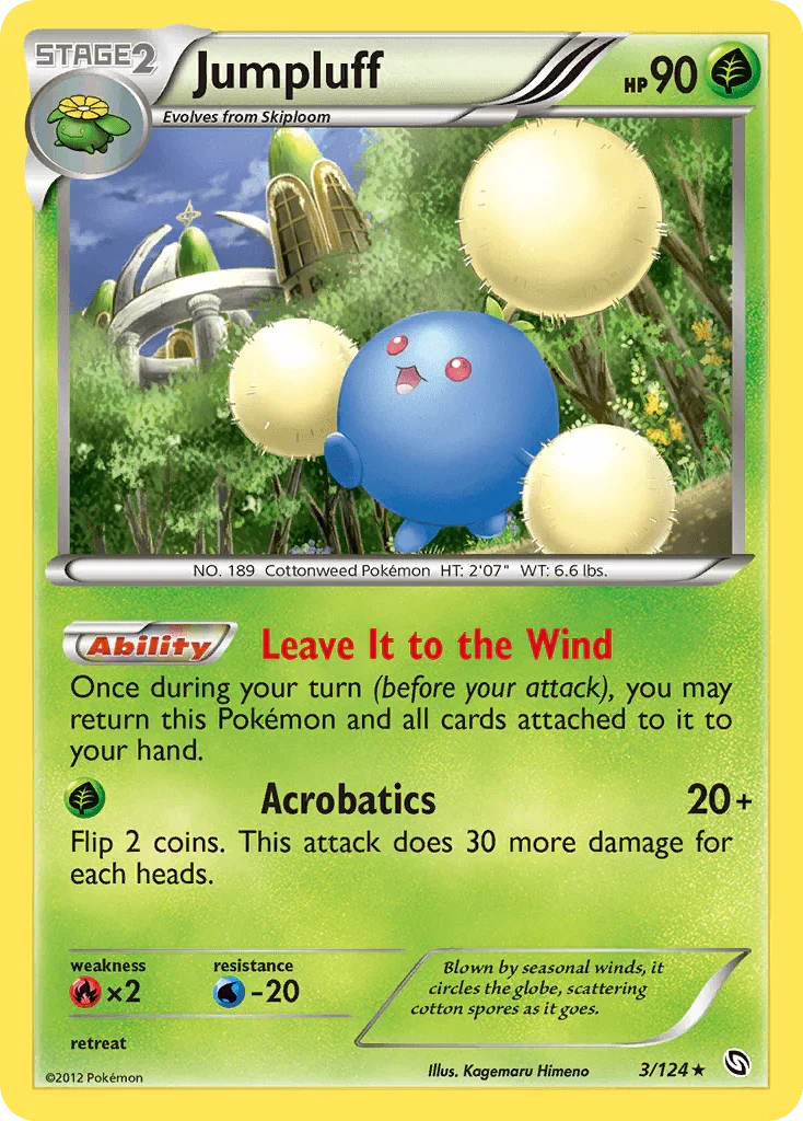 Black & White: Dragons Exalted, Fire[×2], Grass, Normal, Rare, Reverse Holofoil, Water[-20] Jumpluff (3/124) [Black & White: Dragons Exalted] - Trading Card World