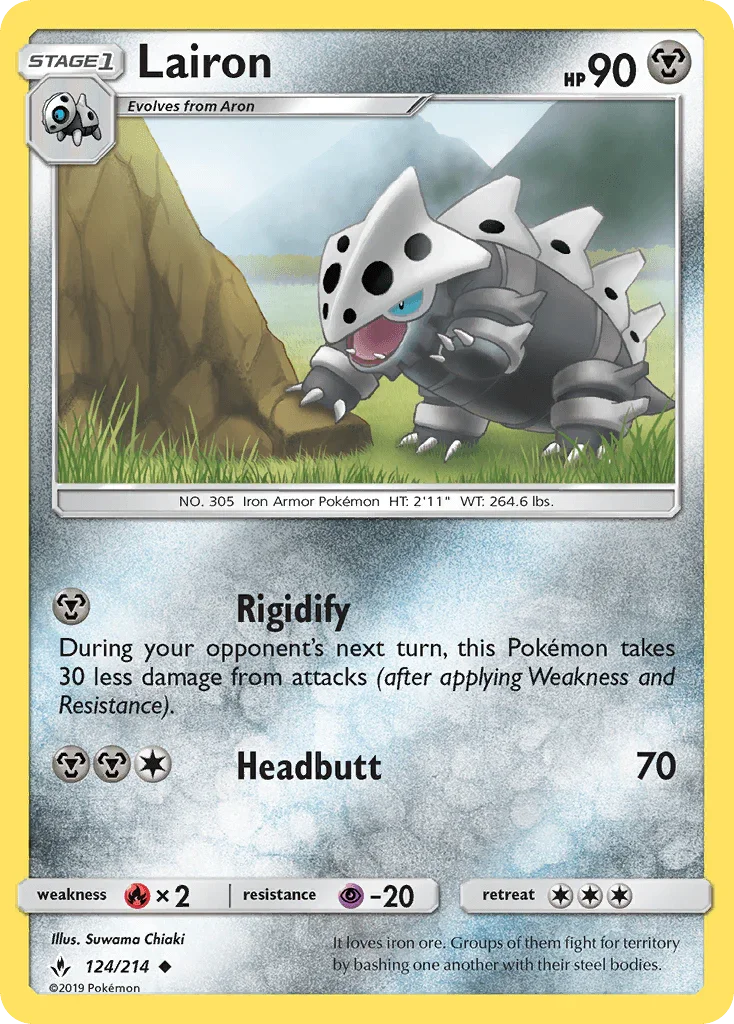 124, Fire[×2], Metal, Normal, Psychic[-20], Reverse Holofoil, Sun & Moon: Unbroken Bonds, Uncommon Lairon (124/214) [Sun & Moon: Unbroken Bonds] - Trading Card World