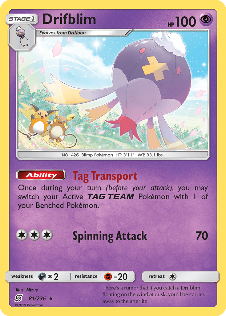 81, Darkness[×2], Fighting[-20], Normal, Psychic, Rare, Reverse Holofoil, Sun & Moon: Unified Minds Drifblim (81/236) [Sun & Moon: Unified Minds] - Trading Card World
