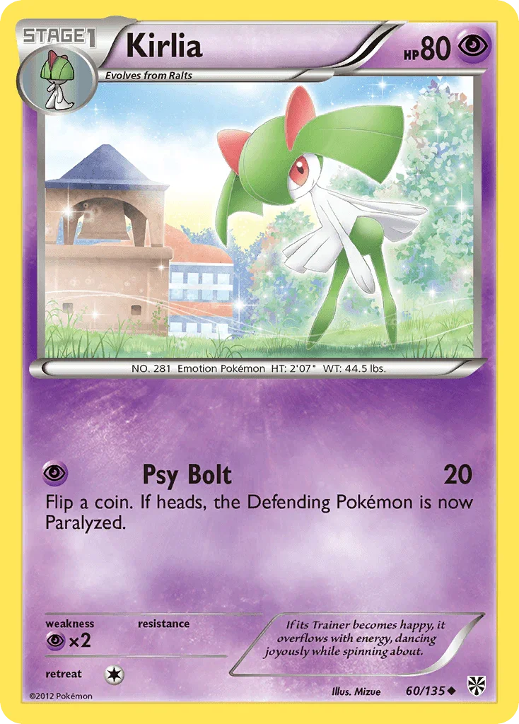 60, Black & White: Plasma Storm, Normal, Psychic, Psychic[×2], Reverse Holofoil, Uncommon Kirlia (60/135) [Black & White: Plasma Storm] - Trading Card World