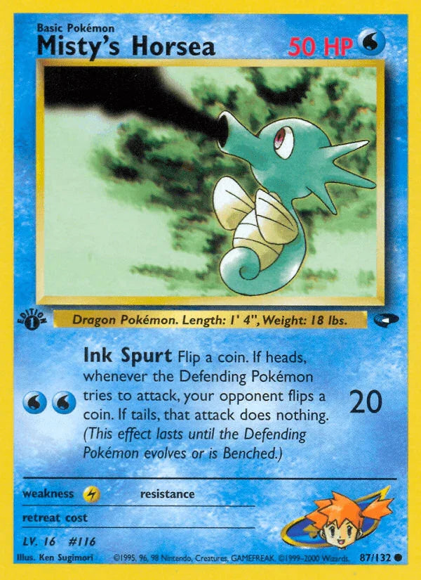 1st Edition Normal, 87, Common, Gym Challenge 1st Edition, Lightning[×2], Water Misty's Horsea (87/132) [Gym Challenge 1st Edition] - Trading Card World