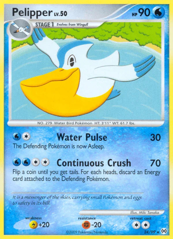 24, Fighting[-20], Lightning[+20], Normal, Platinum: Arceus, Rare, Reverse Holofoil, Water Pelipper (24/99) [Platinum: Arceus] - Trading Card World