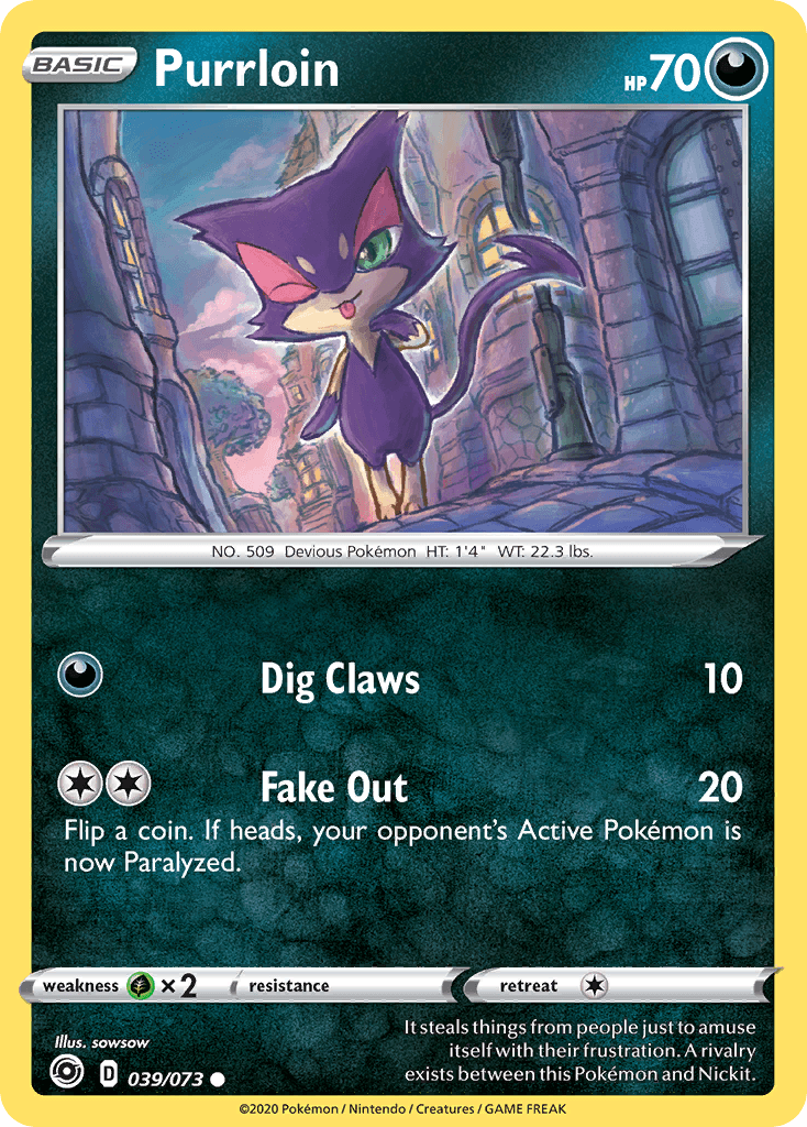 039, Common, Darkness, Grass[×2], Normal, Reverse Holofoil, Sword & Shield: Champion's Path Purrloin (039/073) [Sword & Shield: Champion's Path] - Trading Card World