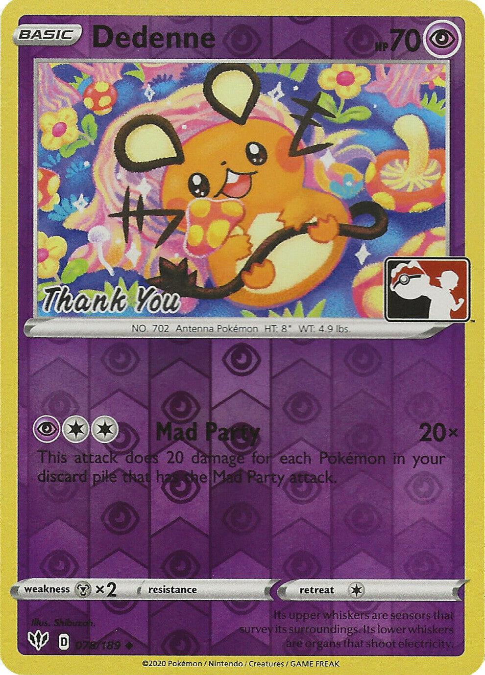 078, Metal[×2], Psychic, Reverse Holofoil, Sword & Shield: Darkness Ablaze, Uncommon Dedenne (078/189) (Thank You Promo) [Sword & Shield: Darkness Ablaze] - Trading Card World