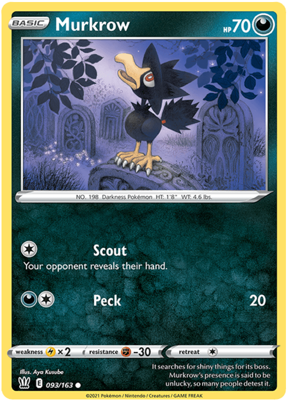093, Common, Darkness, Fighting[-30], Lightning [x2], Normal, Reverse Holofoil, Sword & Shield: Battle Styles Murkrow (093/163) [Sword & Shield: Battle Styles] - Trading Card World