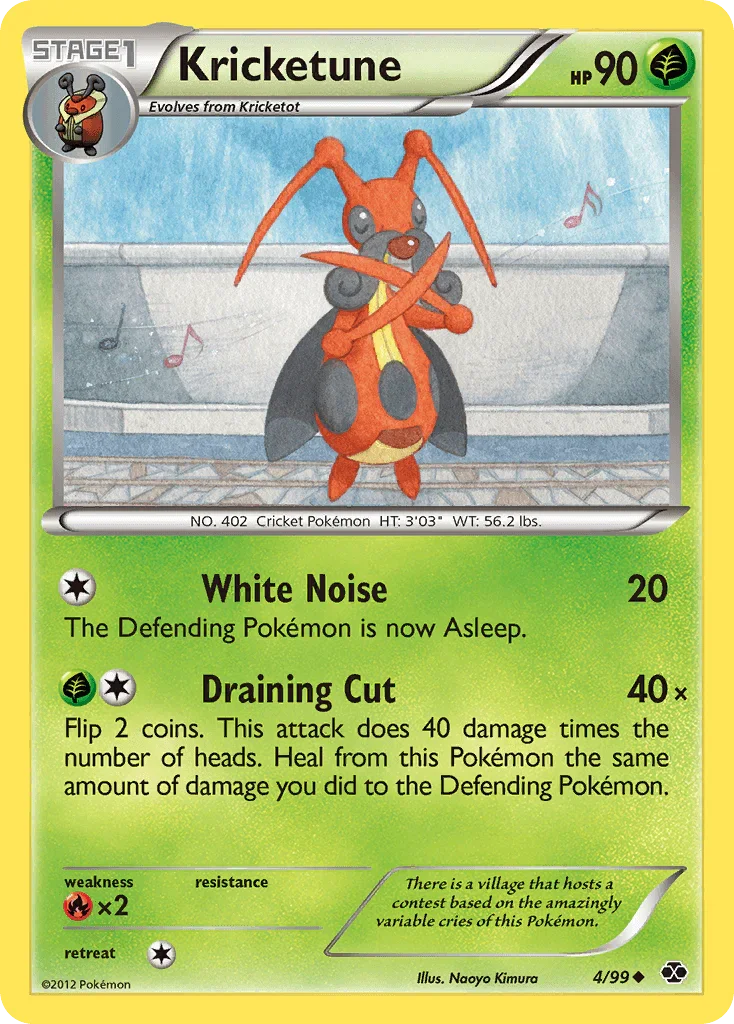 Black & White: Next Destinies, Fire[×2], Grass, Normal, Reverse Holofoil, Uncommon Kricketune (4/99) [Black & White: Next Destinies] - Trading Card World