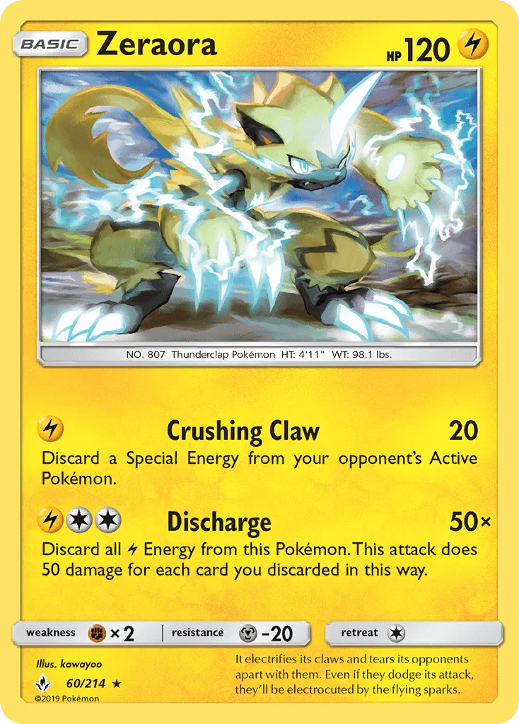 60, Fighting[×2], Lightning, Metal[-20], Normal, Rare, Reverse Holofoil, Sun & Moon: Unbroken Bonds Zeraora (60/214) [Sun & Moon: Unbroken Bonds] - Trading Card World