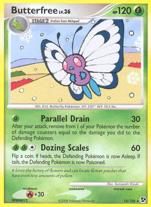 14, Diamond & Pearl: Great Encounters, Fire[+30], Grass, Normal, Rare, Reverse Holofoil Butterfree (14/106) [Diamond & Pearl: Great Encounters] - Trading Card World