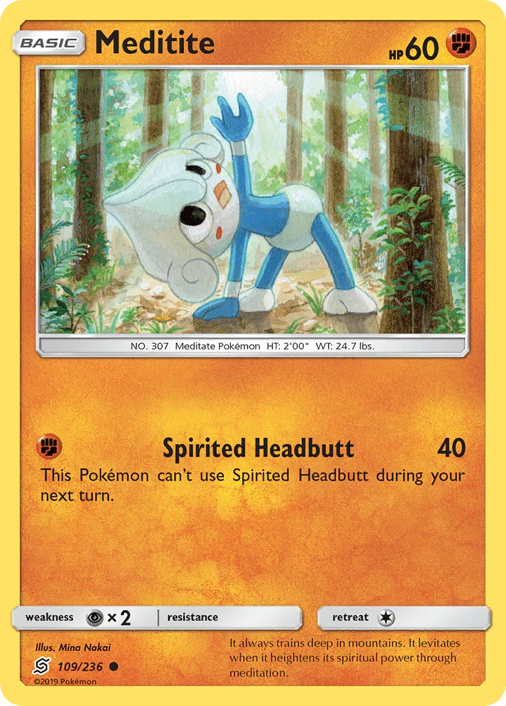 109, Common, Fighting, Normal, Psychic[×2], Reverse Holofoil, Sun & Moon: Unified Minds Meditite (109/236) [Sun & Moon: Unified Minds] - Trading Card World