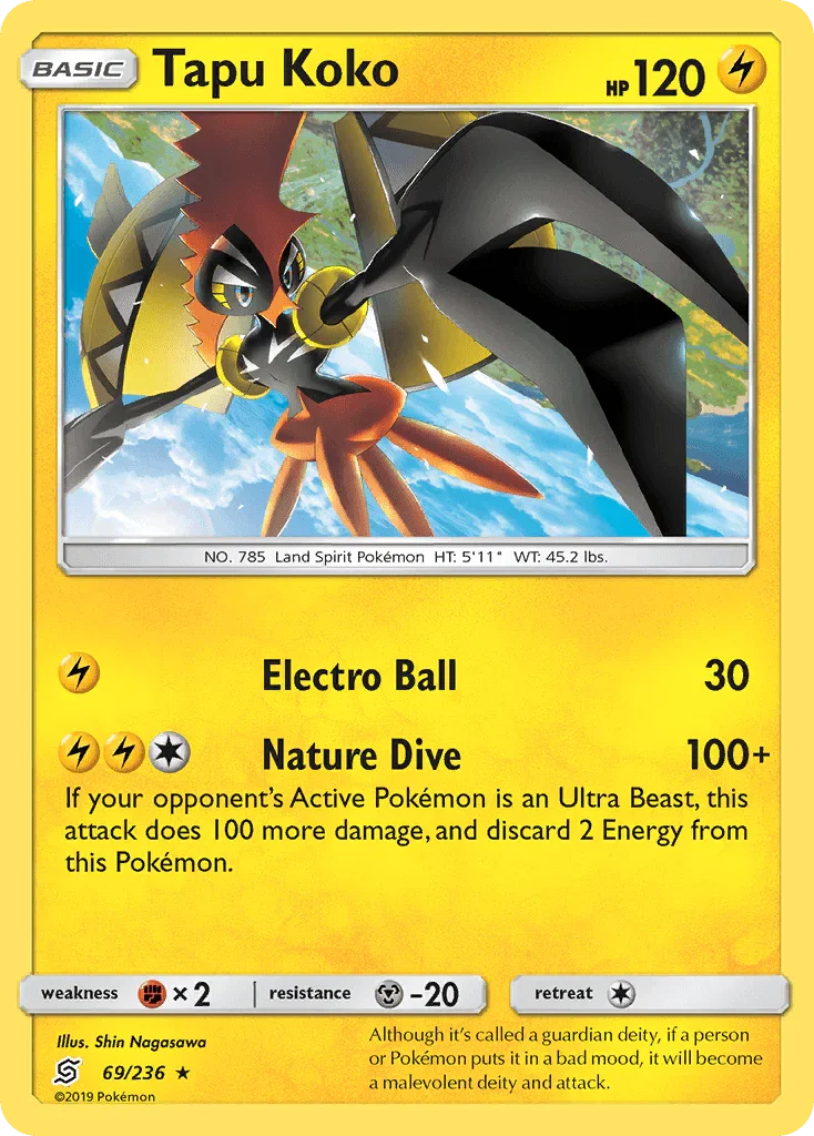 69, Fighting[×2], Holo Rare, Holofoil, Lightning, Metal[-20], Reverse Holofoil, Sun & Moon: Unified Minds Tapu Koko (69/236) [Sun & Moon: Unified Minds] - Trading Card World