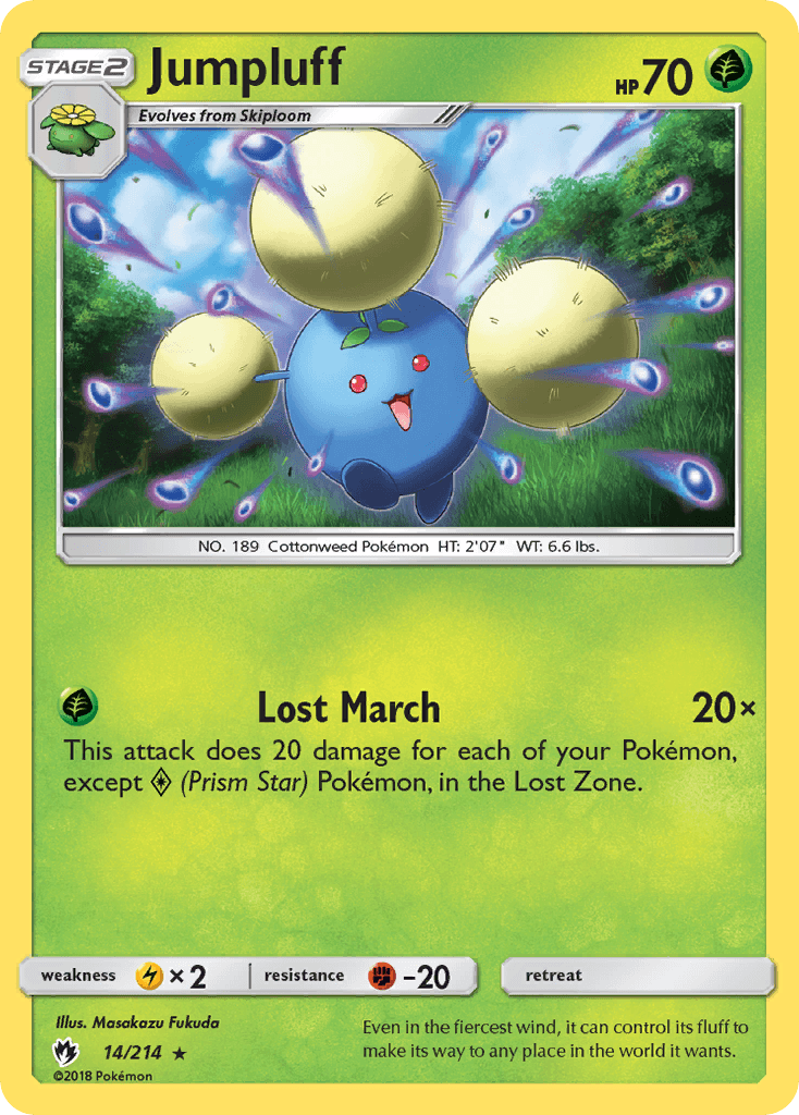 14, Fighting[-20], Grass, Holo Rare, Holofoil, Lightning[×2], Reverse Holofoil, Sun & Moon: Lost Thunder Jumpluff (14/214) [Sun & Moon: Lost Thunder] - Trading Card World