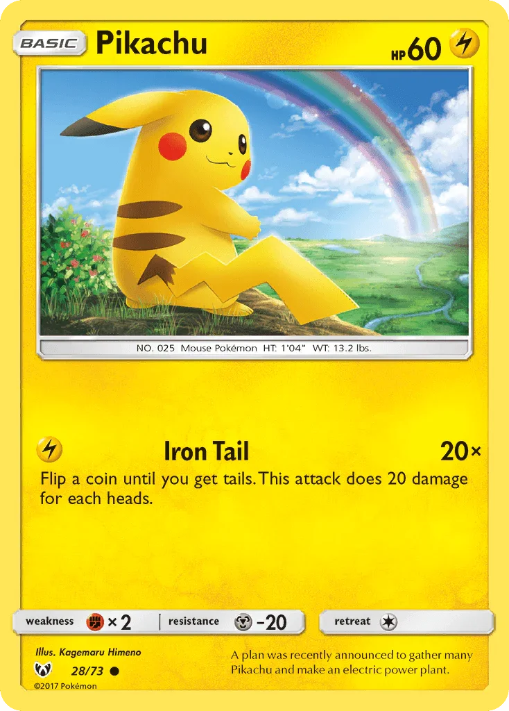 28, Common, Fighting [x2], Holofoil, Lightning, Metal [-20], Sun & Moon: Shining Legends Pikachu (28/73) (Cosmos Holo) [Sun & Moon: Shining Legends] - Trading Card World