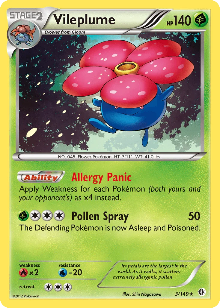 Black & White: Boundaries Crossed, Fire[×2], Grass, Holo Rare, Holofoil, Reverse Holofoil, Water[-20] Vileplume (3/149) [Black & White: Boundaries Crossed] - Trading Card World