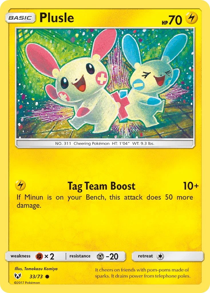 33, Common, Fighting[×2], Lightning, Metal[-20], Normal, Reverse Holofoil, Sun & Moon: Shining Legends Plusle (33/73) [Sun & Moon: Shining Legends] - Trading Card World
