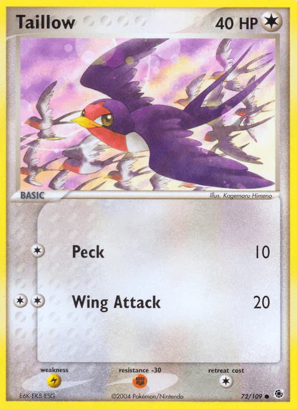 72, Colorless, Common, EX: Ruby & Sapphire, Fighting[-30], Lightning[×2], Normal, Reverse Holofoil Taillow (72/109) [EX: Ruby & Sapphire] - Trading Card World
