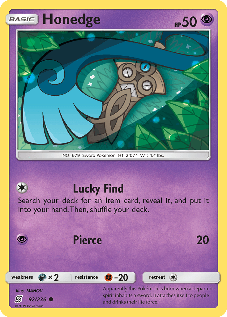 92, Common, Darkness[×2], Fighting[-20], Normal, Psychic, Reverse Holofoil, Sun & Moon: Unified Minds Honedge (92/236) [Sun & Moon: Unified Minds] - Trading Card World