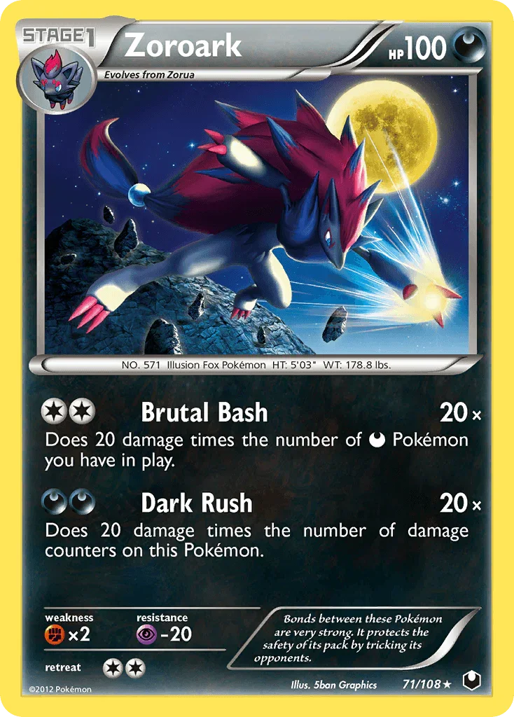 71, Black & White: Dark Explorers, Darkness, Fighting[×2], Normal, Psychic[-20], Rare, Reverse Holofoil Zoroark (71/108) [Black & White: Dark Explorers] - Trading Card World