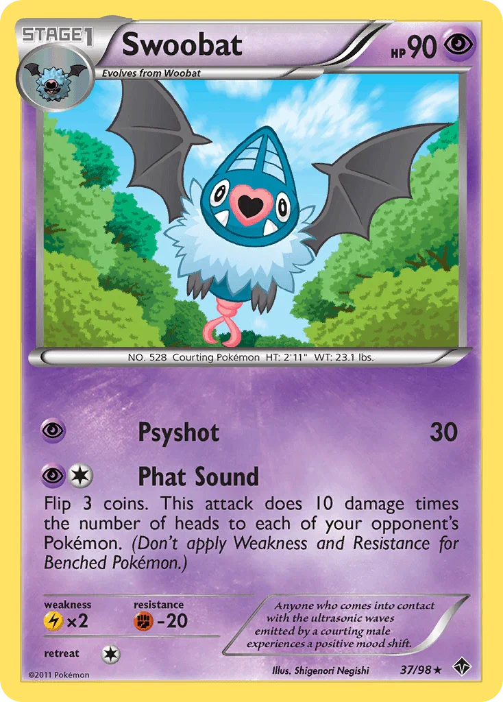 37, Black & White: Emerging Powers, Fighting[-20], Lightning[×2], Normal, Psychic, Rare, Reverse Holofoil Swoobat (37/98) [Black & White: Emerging Powers] - Trading Card World