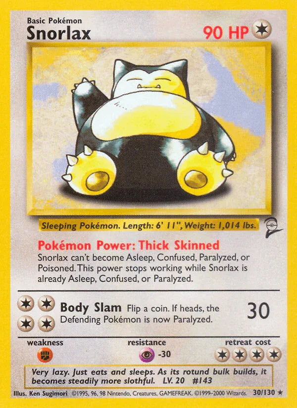 30, Base Set 2, Colorless, Fighting[×2], Normal, Psychic[-30], Rare Snorlax (30/130) [Base Set 2] - Trading Card World