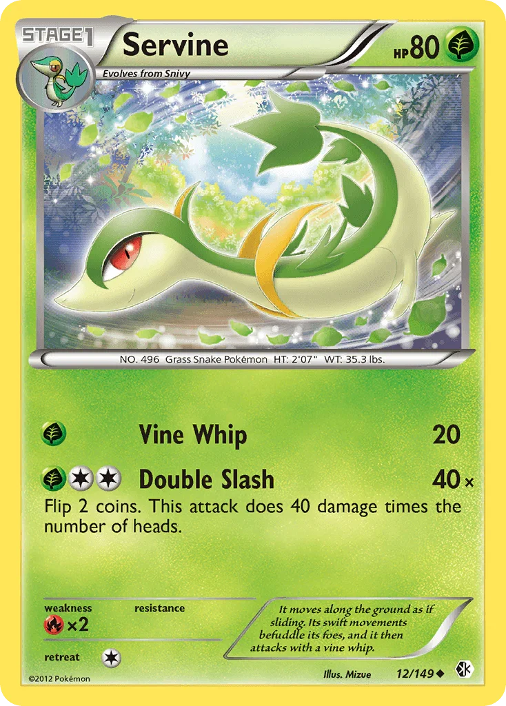 12, Black & White: Boundaries Crossed, Fire[×2], Grass, Normal, Reverse Holofoil, Uncommon Servine (12/149) [Black & White: Boundaries Crossed] - Trading Card World