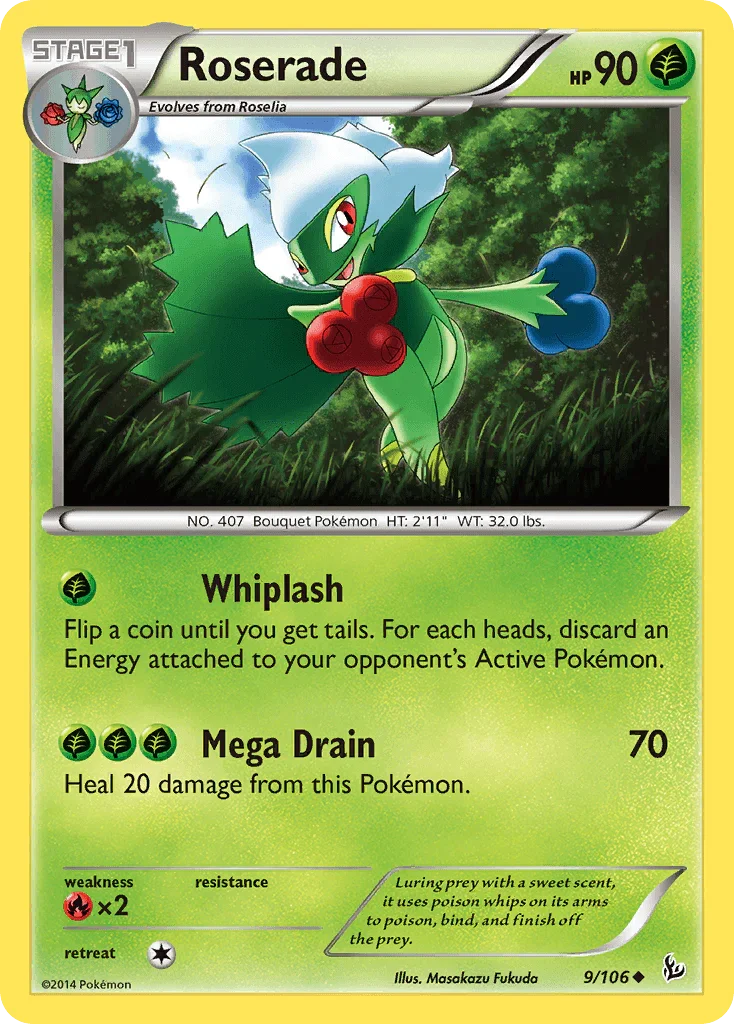 Fire[×2], Grass, Normal, Reverse Holofoil, Uncommon, XY: Flashfire Roserade (9/106) [XY: Flashfire] - Trading Card World