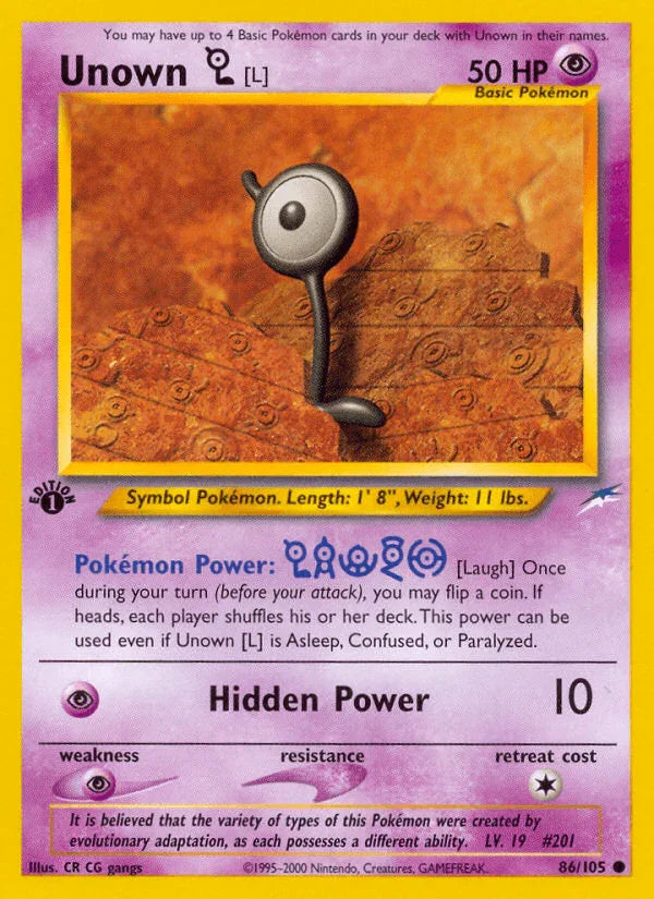 1st Edition Normal, 86, Common, Neo Destiny 1st Edition, Psychic, Psychic[×2] Unown [L] (86/105) [Neo Destiny 1st Edition] - Trading Card World