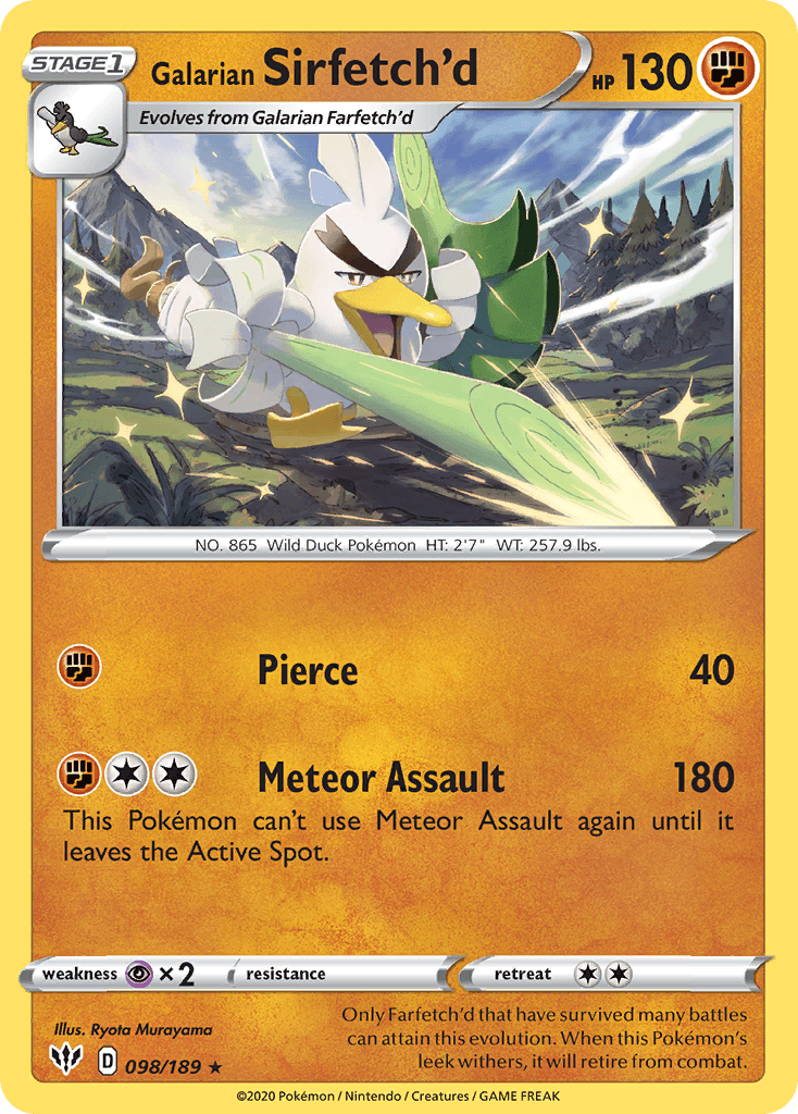098, Fighting, Normal, Psychic[×2], Rare, Reverse Holofoil, Sword & Shield: Darkness Ablaze Galarian Sirfetch'd (098/189) [Sword & Shield: Darkness Ablaze] - Trading Card World