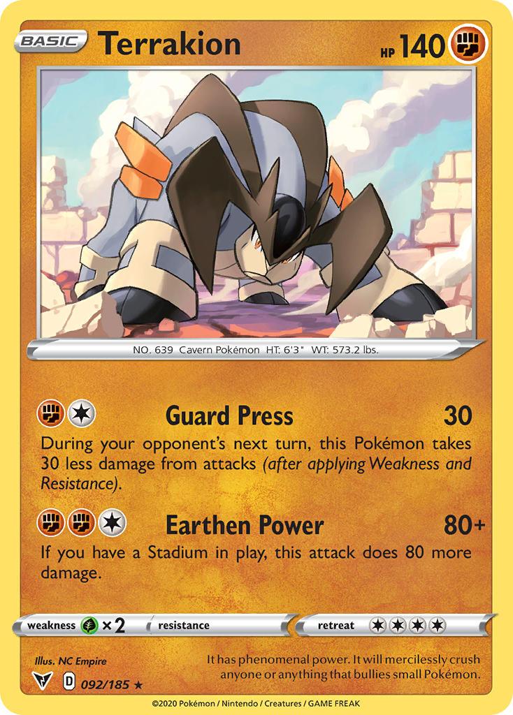 092, Fighting, Grass[×2], Holofoil, Normal, Rare, Reverse Holofoil, Sword & Shield: Vivid Voltage Terrakion (092/185) [Sword & Shield: Vivid Voltage] - Trading Card World