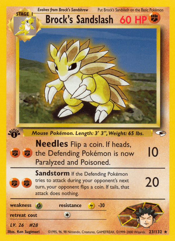 1st Edition Normal, 23, Fighting, Grass[×2], Gym Heroes 1st Edition, Lightning[-30], Rare Brock's Sandslash (23/132) [Gym Heroes 1st Edition] - Trading Card World
