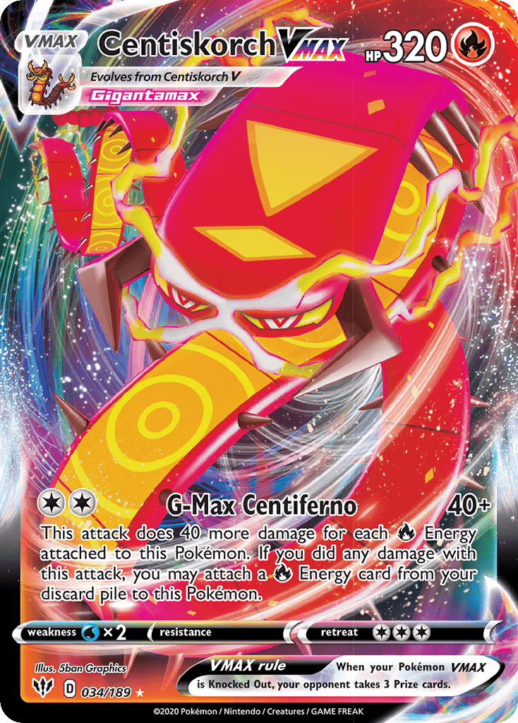 034, Fire, Holofoil, Sword & Shield: Darkness Ablaze, Ultra Rare, Water[×2] Centiskorch VMAX (034/189) [Sword & Shield: Darkness Ablaze] - Trading Card World