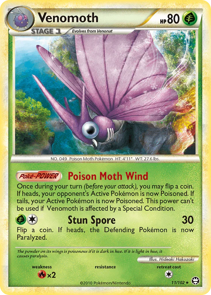 11, Fire[×2], Grass, HeartGold & SoulSilver: Triumphant, Holo Rare, Holofoil, Reverse Holofoil Venomoth (11/102) [HeartGold & SoulSilver: Triumphant] - Trading Card World