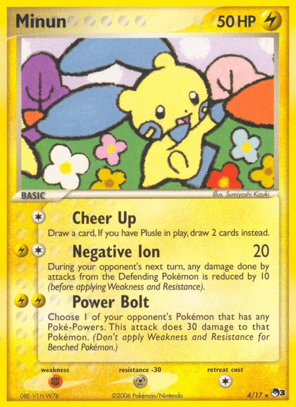 Fighting[×2], Holofoil, Lightning, Metal[-30], Normal, POP Series 3, Rare Minun (4/17) [POP Series 3] - Trading Card World