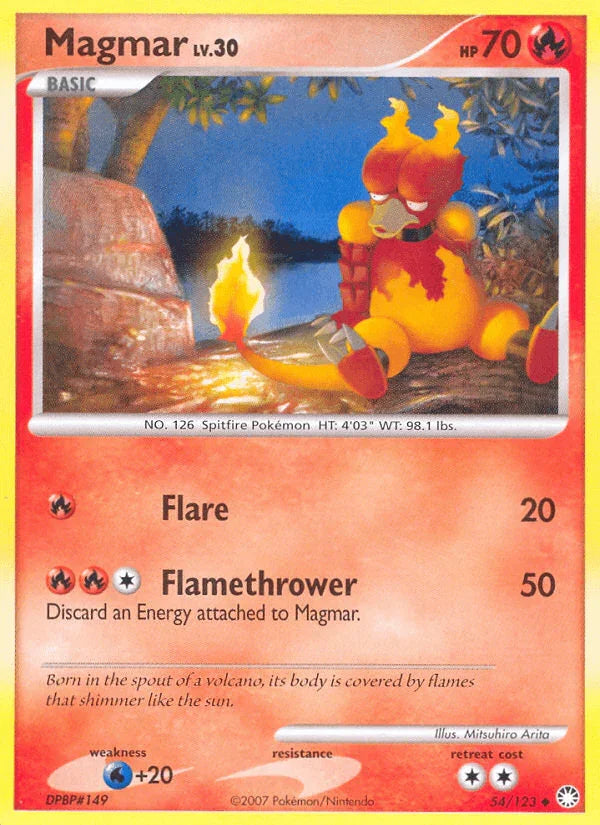 54, Diamond & Pearl: Mysterious Treasures, Fire, Normal, Reverse Holofoil, Uncommon, Water[+20] Magmar (54/123) [Diamond & Pearl: Mysterious Treasures] - Trading Card World