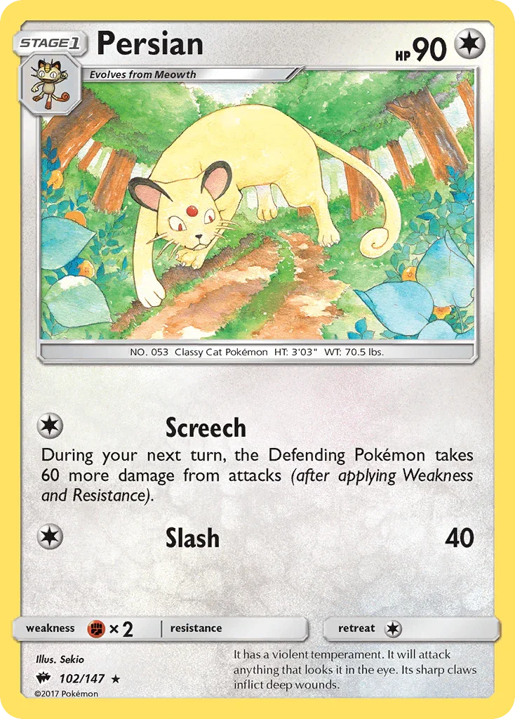 102, Colorless, Fighting[×2], Normal, Rare, Reverse Holofoil, Sun & Moon: Burning Shadows Persian (102/147) [Sun & Moon: Burning Shadows] - Trading Card World