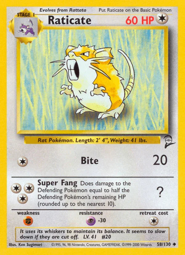 58, Base Set 2, Colorless, Fighting[×2], Normal, Psychic[-30], Uncommon Raticate (58/130) [Base Set 2] - Trading Card World