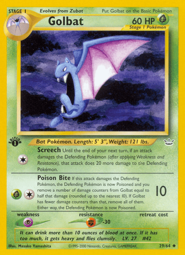 1st Edition Normal, 29, Fighting[-30], Grass, Grass[×2], Neo Revelation 1st Edition, Uncommon Golbat (29/64) [Neo Revelation 1st Edition] - Trading Card World