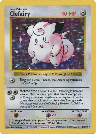 Base Set Shadowless Unlimited, Colorless, Fighting[×2], Holo Rare, Holofoil, Psychic[-30] Clefairy (5/102) [Base Set Shadowless Unlimited] - Trading Card World